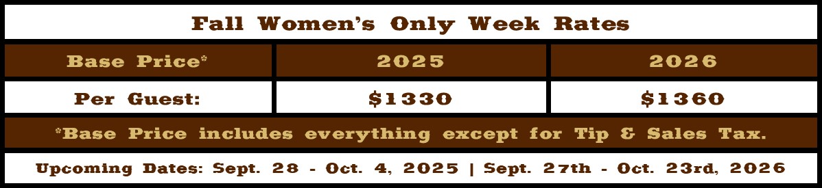 Fall Women's Only Week Rates Table