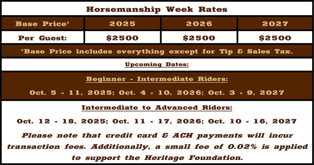 NEW! Horsemanship Week Week Rates Table