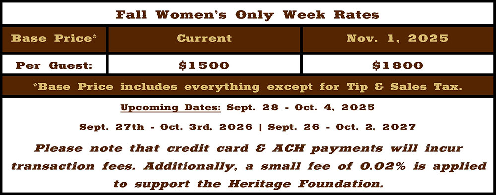 Fall Women's Only Week Rates Table