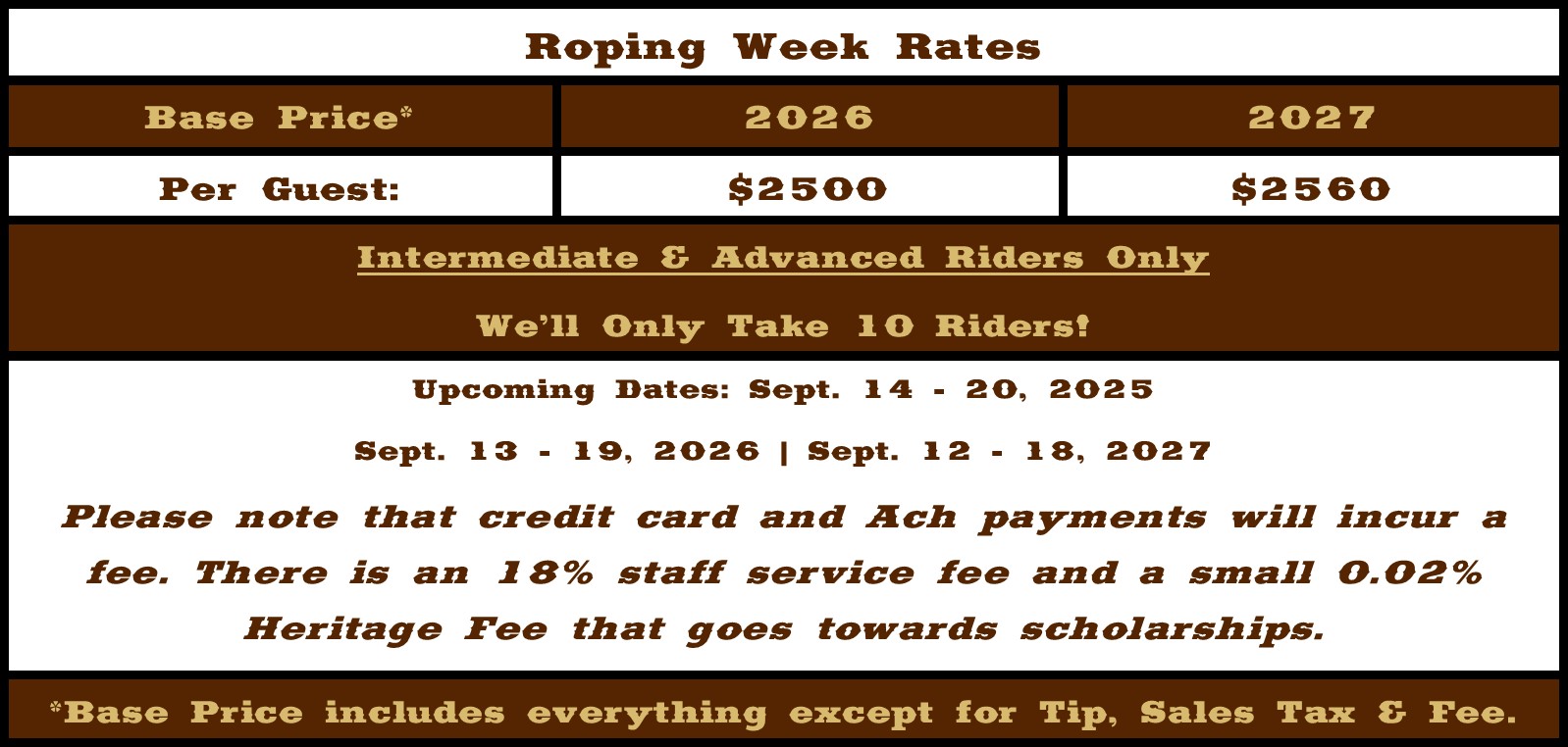 NEW! Fall Roping Week Week Rates