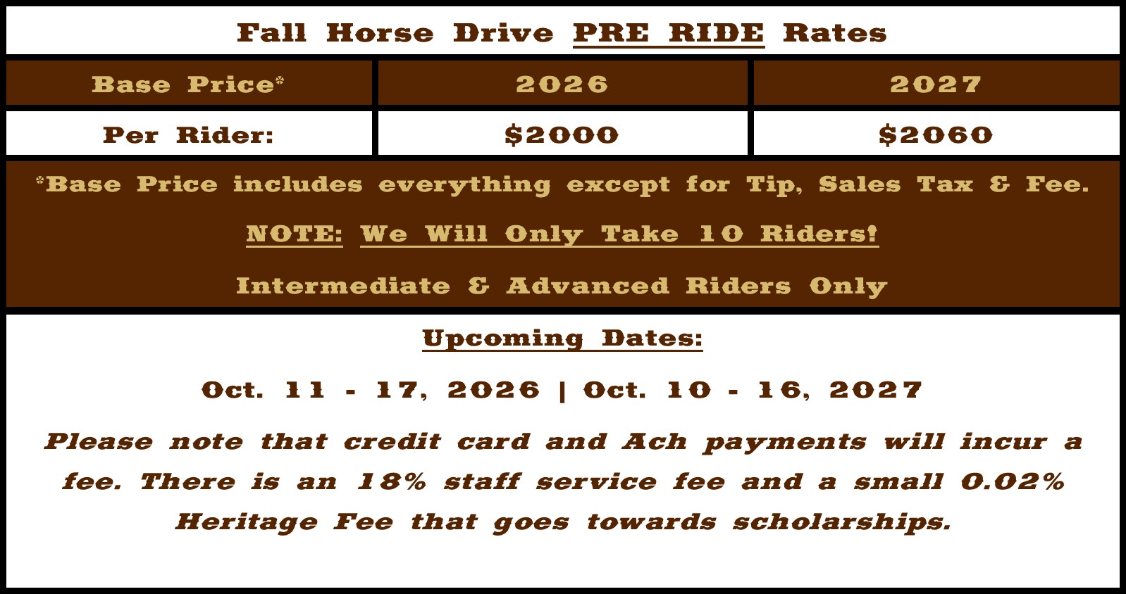 Fall Horse Drive Pre-Ride Rates