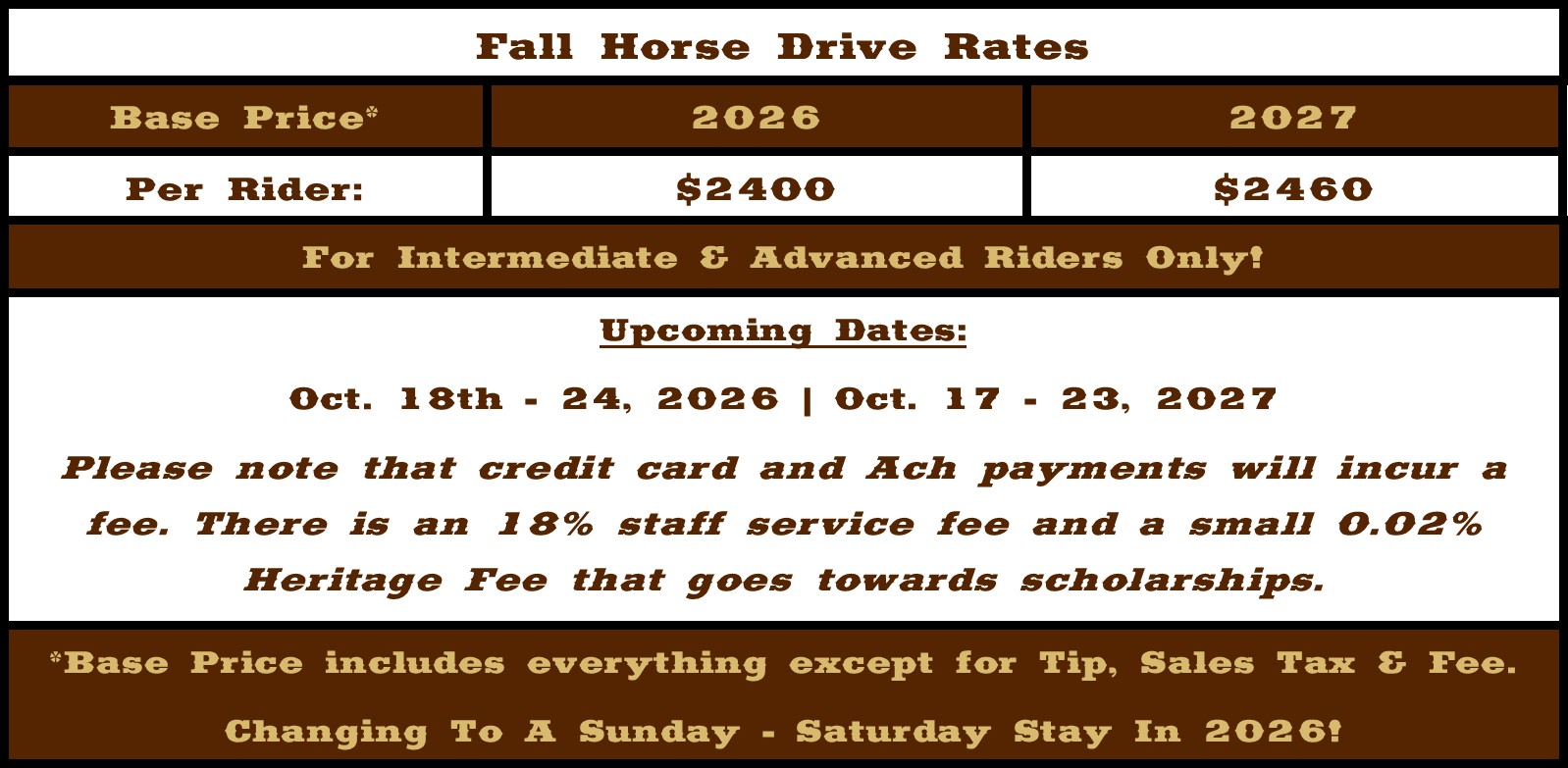 Fall Horse Drive Rates